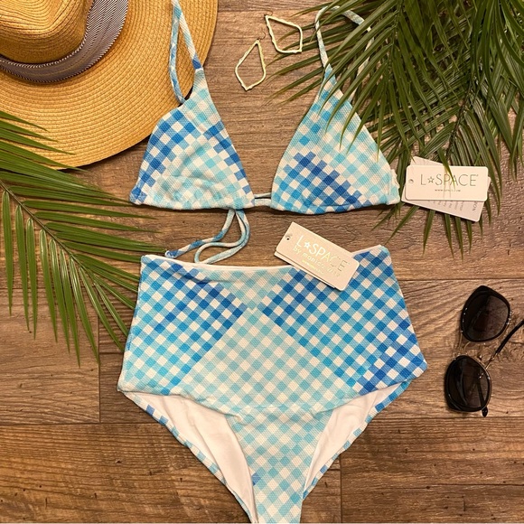 L*Space Turquoise Picnic Plaid String Bikini Top | Portia High Waisted Bottom - Picture 6 of 13